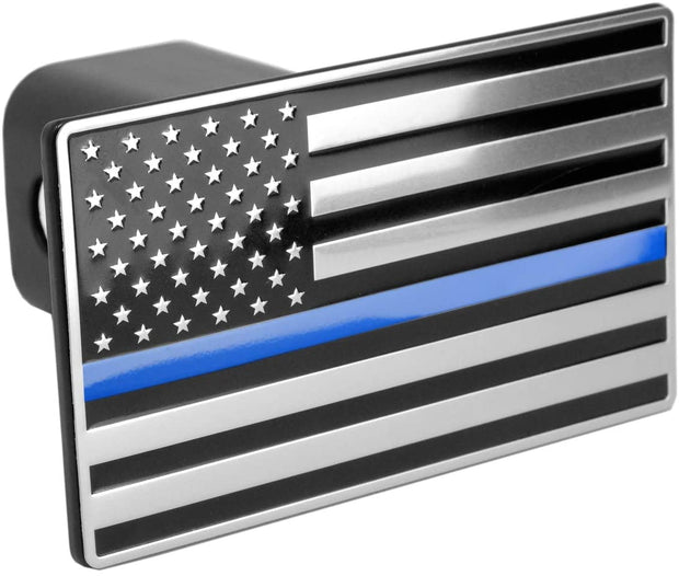 LFPartS Chrome, Blue Line American Flag Metal Trailer Hitch Cover