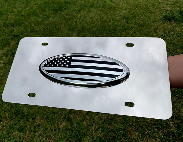 American Flag Stainless Steel License Plate (12"x6" 3D Oval Emblem)