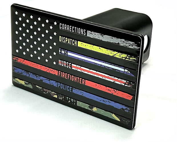 American Flag First Responders Metal Hitch Cover with Thin Lines (Fits 1.25", 2", and 2.5" and 3" Receivers)