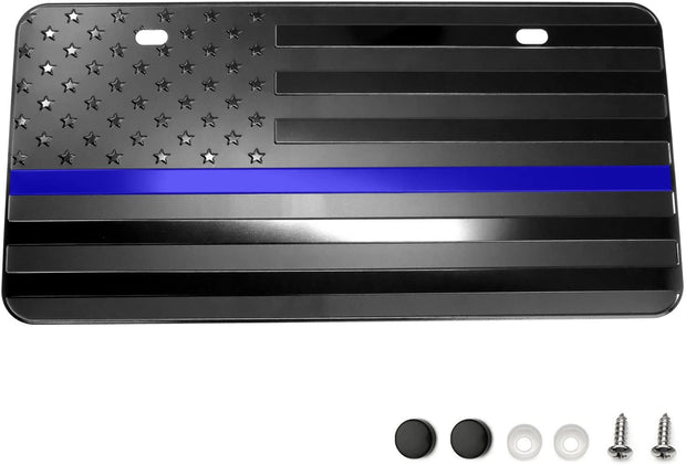USA Flag Metal Embossed License Plate (12"x6", Black with Thin Blue line)
