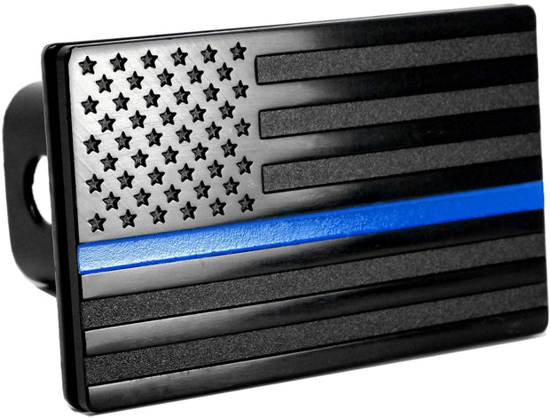 American Black Flag Metal Trailer Hitch Cover with Thin Blue Line