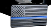 American Black Flag Metal Trailer Hitch Cover with Thin Blue Line