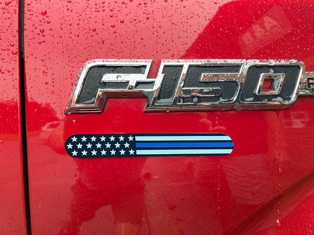 US Black Chrome Flag Fender Emblem with Blue line 6"x1" 2pcs