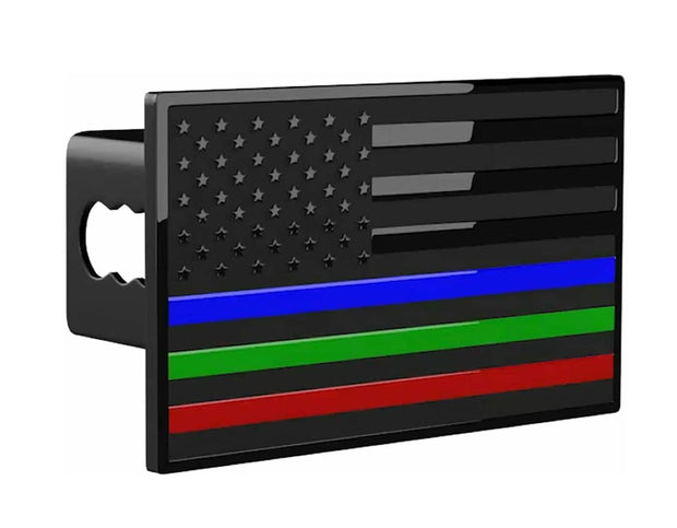 USA Black with Blue, Green, Red line Flag Metal Trailer Hitch Cover (Fits 1.25", 2", 2.5", and 3" Receivers)
