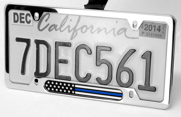 MULL Stainless Steel Chrome License Plate Frame American Flag (Black/Chrome with Thin Blue Line)
